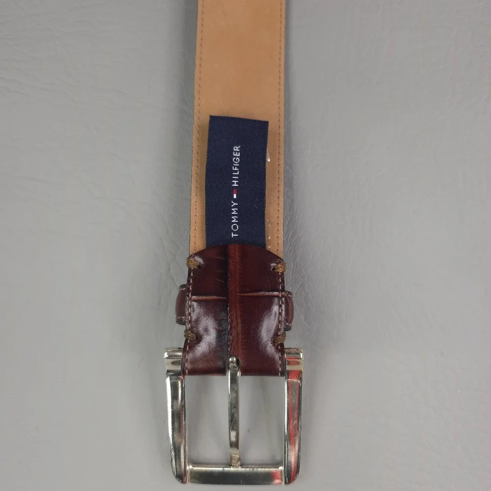 Tommy Hilfiger Belt Mens 38 Brown Croc Embossed Leather Silver Buckle Dress